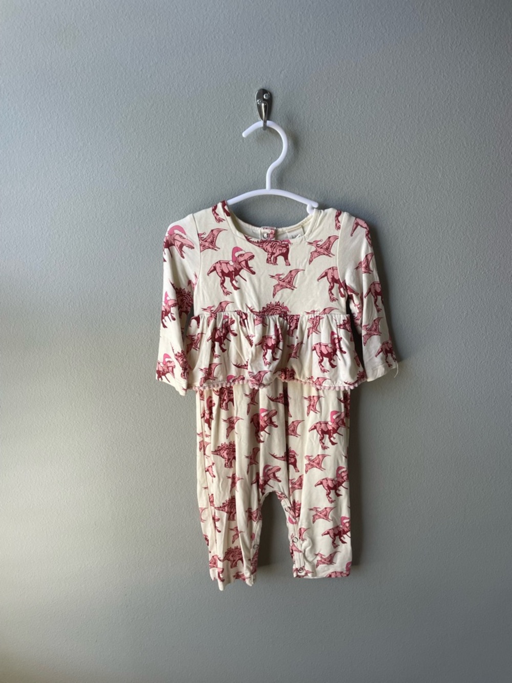 Kate Quinn // Cream and Pink Santa Dinos Christmas Bamboo Peplum Romper